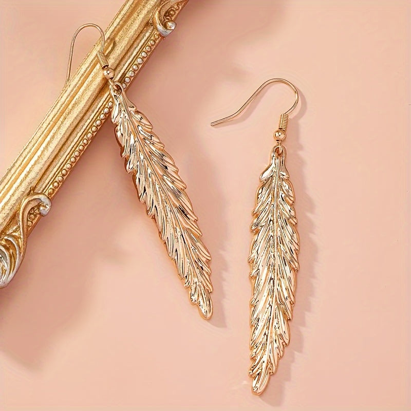 Feather Shaped Dangle Earrings Zinc Alloy 14K Plated Ear Jewelry Vintage Style Drop Earrings For Women