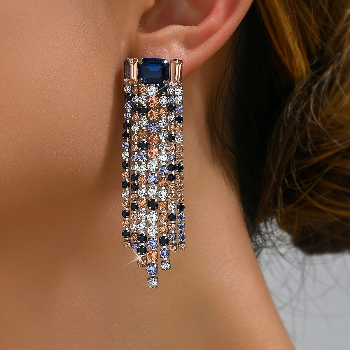 1 Pair Of Sparkling Tassel Dangle Earrings, Luxury Court Style With Mixed Color Rhinestones, Perfect For Weddings, Parties, And Daily Wear