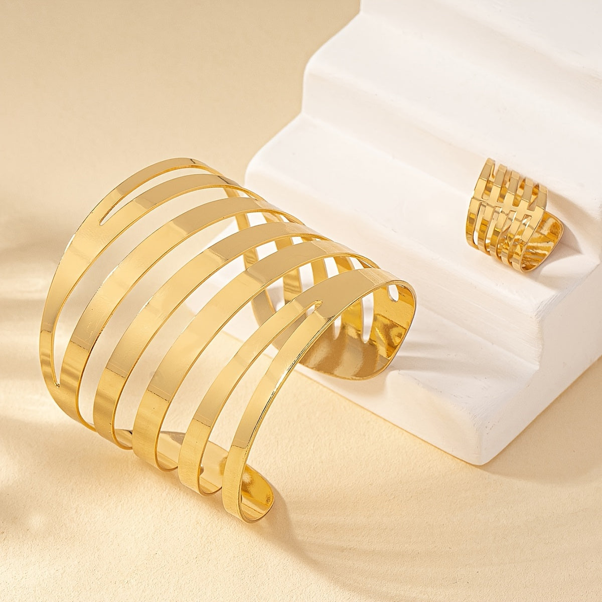 Ring & Bangle Fashion Style Jewelry Set Multi Layer & Cuff Design 18K Gold Plated Match Daily Outfits Party Accessories
