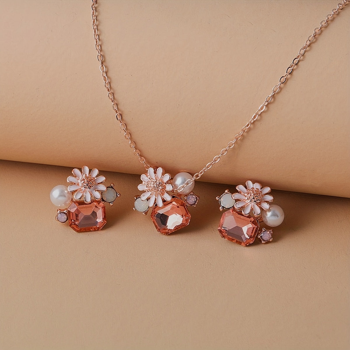 Boho Vacation Style Jewelry for Women, Zinc Alloy Necklace and Earrings with Imitation Pearls and Sunflower Pendant, Crystal Accents, Perfect for Daily Wear and Parties, Valentine'S Day Gift, Fits All Seasons