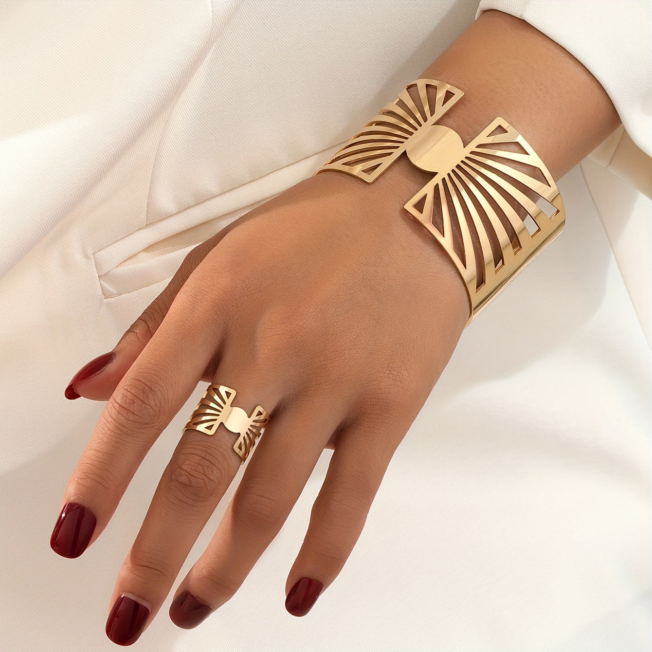 Elegant Golden-Tone Hollow Open Cuff Bracelet & Ring Set - Perfect for Daily Wear, Parties & Gifts
