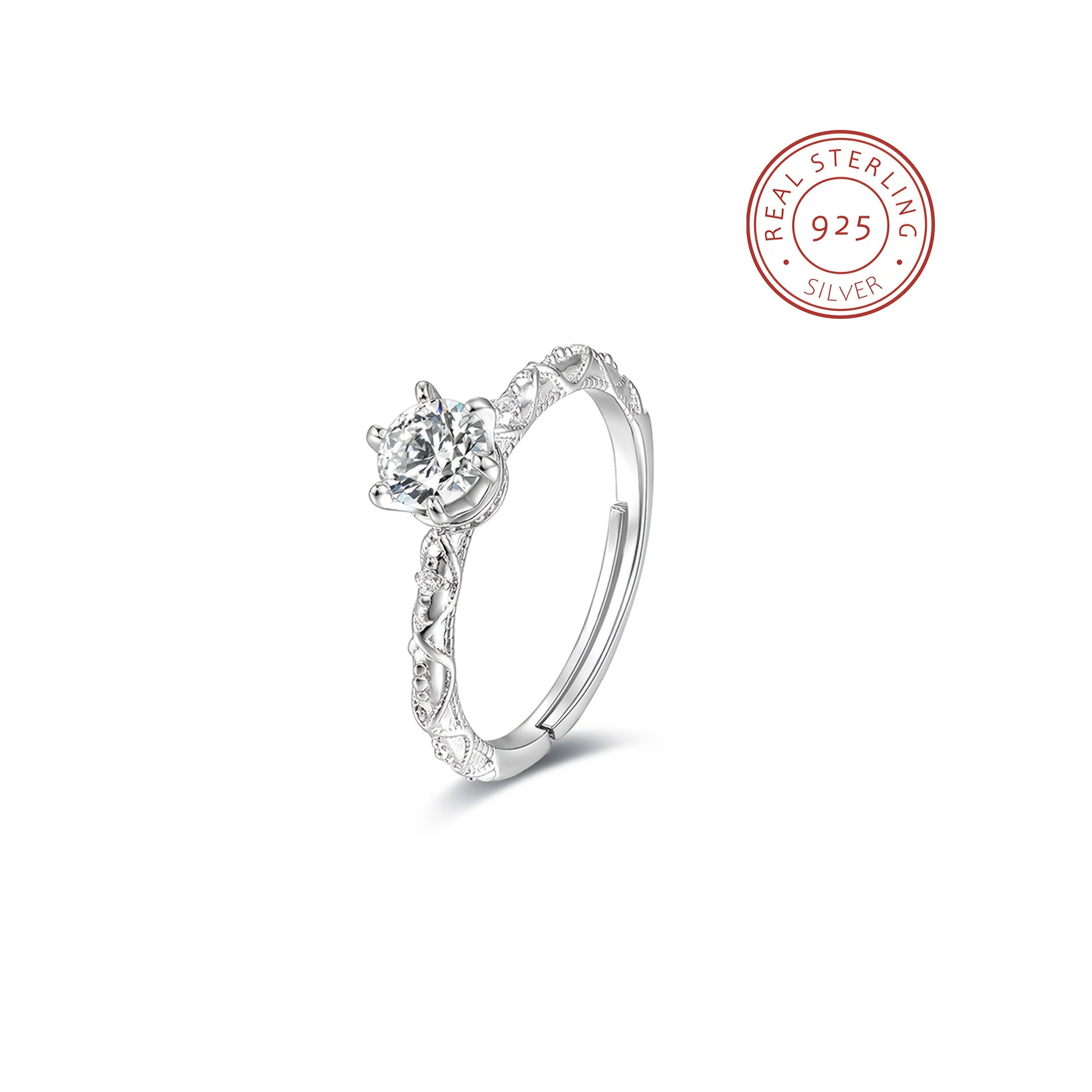 Adjustable Ring Elegant Vintage 1 Carat Moissanite Engagement Ring, 925 Sterling Silver, Sexy Style for Daily Wear, Party, Wedding, Gift for Girlfriend or Best Friend