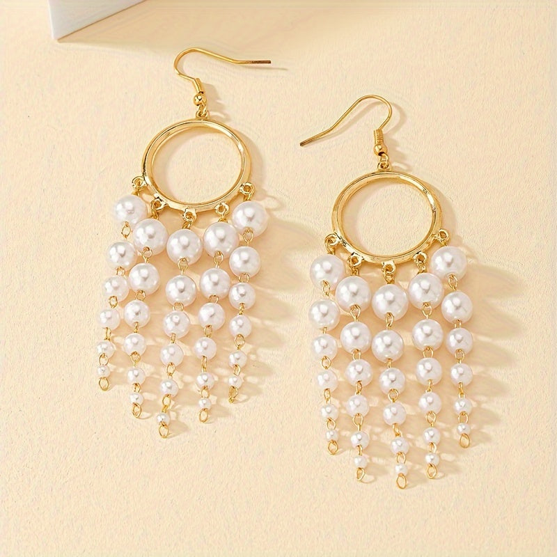 1 Pair Of Drop Earrings Sparkling Tassel Design Inlaid Faux Pearls Match Daily Outfits Party Accessories Casual Dating Decor