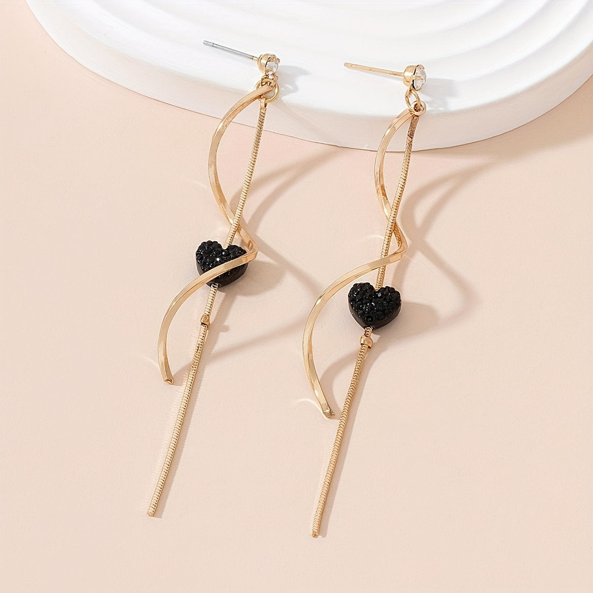 Spiral Lines Black Heart Design Dangle Earrings Elegant Cute Style 18K Gold Plated Jewelry Gift