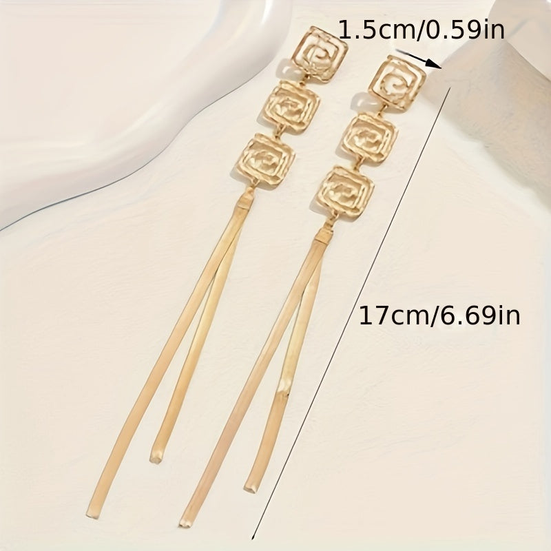 Vintage Elegant Geometric Drop Earrings with Tassel Detail, Zinc Alloy Dangle Earrings for Women, Daily Wear No Mosaic Long Earrings
