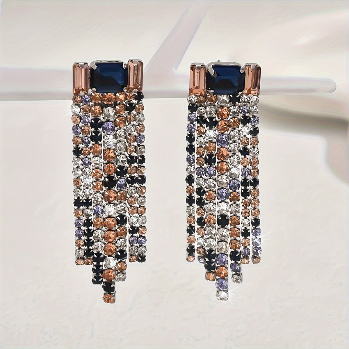 1 Pair Of Sparkling Tassel Dangle Earrings, Luxury Court Style With Mixed Color Rhinestones, Perfect For Weddings, Parties, And Daily Wear