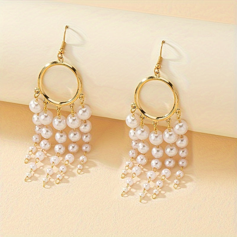 1 Pair Of Drop Earrings Sparkling Tassel Design Inlaid Faux Pearls Match Daily Outfits Party Accessories Casual Dating Decor