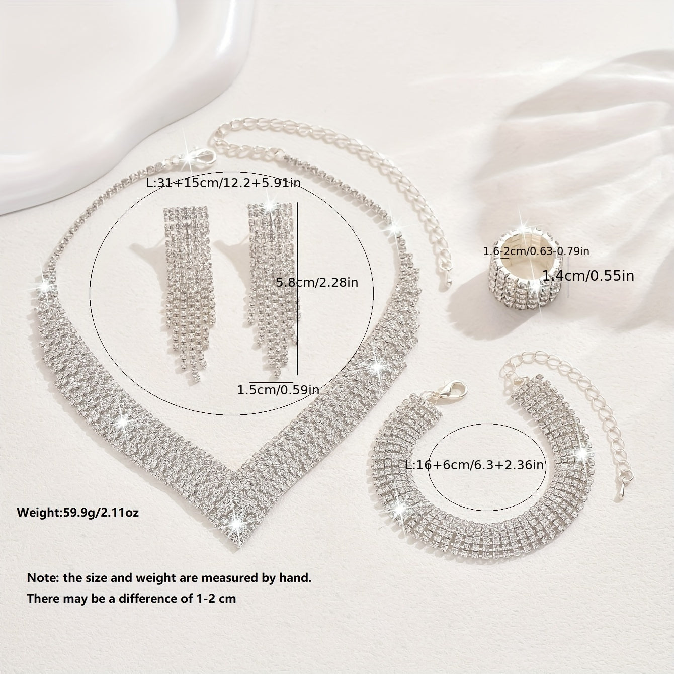 4PCS Elegant Silver-Plated Rhinestone Jewelry Set for Women - Copper Based Necklace Earrings Bracelet Ring - Sparkling Tassel Design for Wedding Party, Banquet - Versatile for All Seasons, Thanksgiving Gift Idea