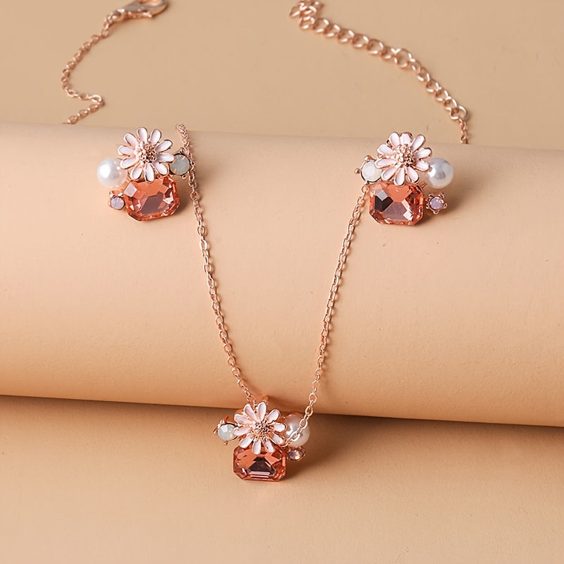 Boho Vacation Style Jewelry for Women, Zinc Alloy Necklace and Earrings with Imitation Pearls and Sunflower Pendant, Crystal Accents, Perfect for Daily Wear and Parties, Valentine'S Day Gift, Fits All Seasons
