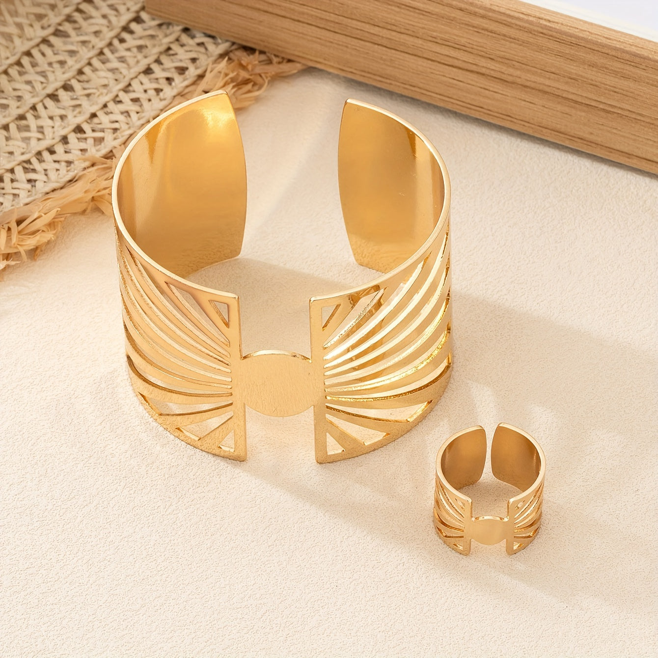 Elegant Golden-Tone Hollow Open Cuff Bracelet & Ring Set - Perfect for Daily Wear, Parties & Gifts