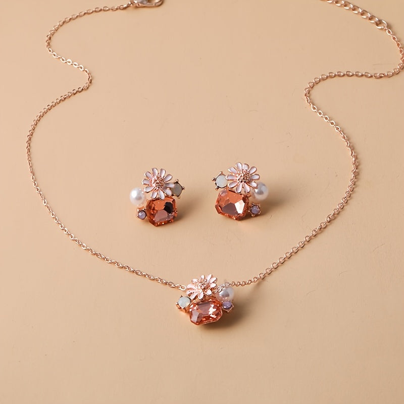 Boho Vacation Style Jewelry for Women, Zinc Alloy Necklace and Earrings with Imitation Pearls and Sunflower Pendant, Crystal Accents, Perfect for Daily Wear and Parties, Valentine'S Day Gift, Fits All Seasons