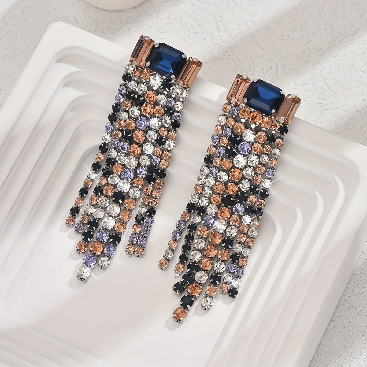1 Pair Of Sparkling Tassel Dangle Earrings, Luxury Court Style With Mixed Color Rhinestones, Perfect For Weddings, Parties, And Daily Wear