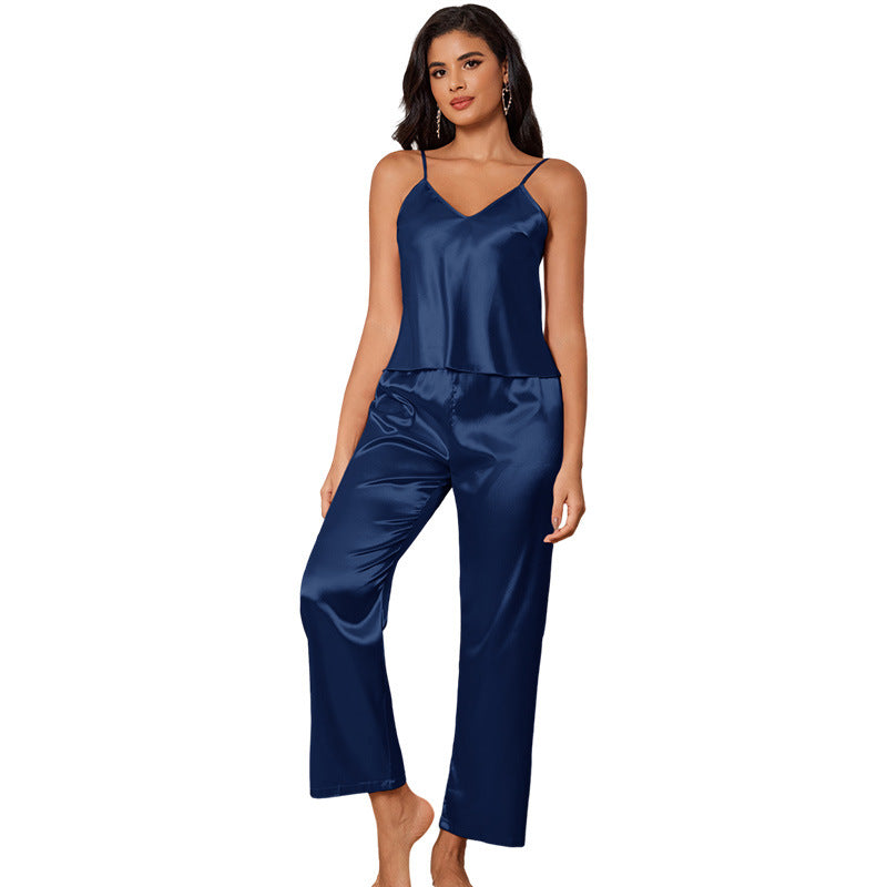 Women's Sexy Solid Silky Pajama Set, V-Neck Backless Cami Top & Pants, Comfortable Relaxed Fit