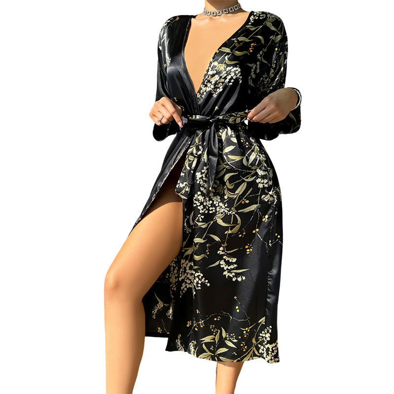 Casual Floral Print Satin Night Robe, Long Sleeve V Neck Sleep Robe With Belt, Women's Sleepwear & Dresses