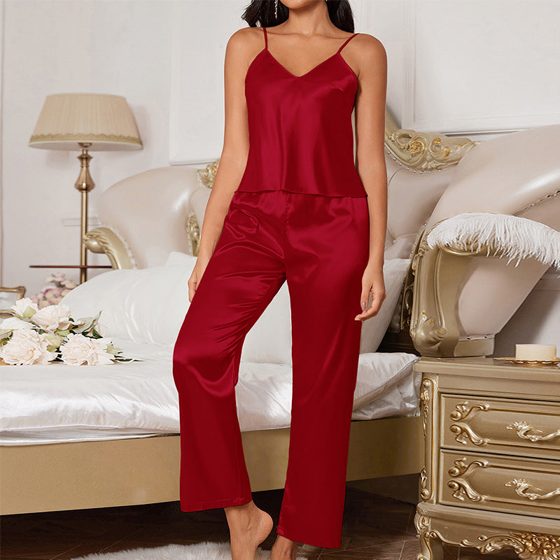 Women's Sexy Solid Silky Pajama Set, V-Neck Backless Cami Top & Pants, Comfortable Relaxed Fit