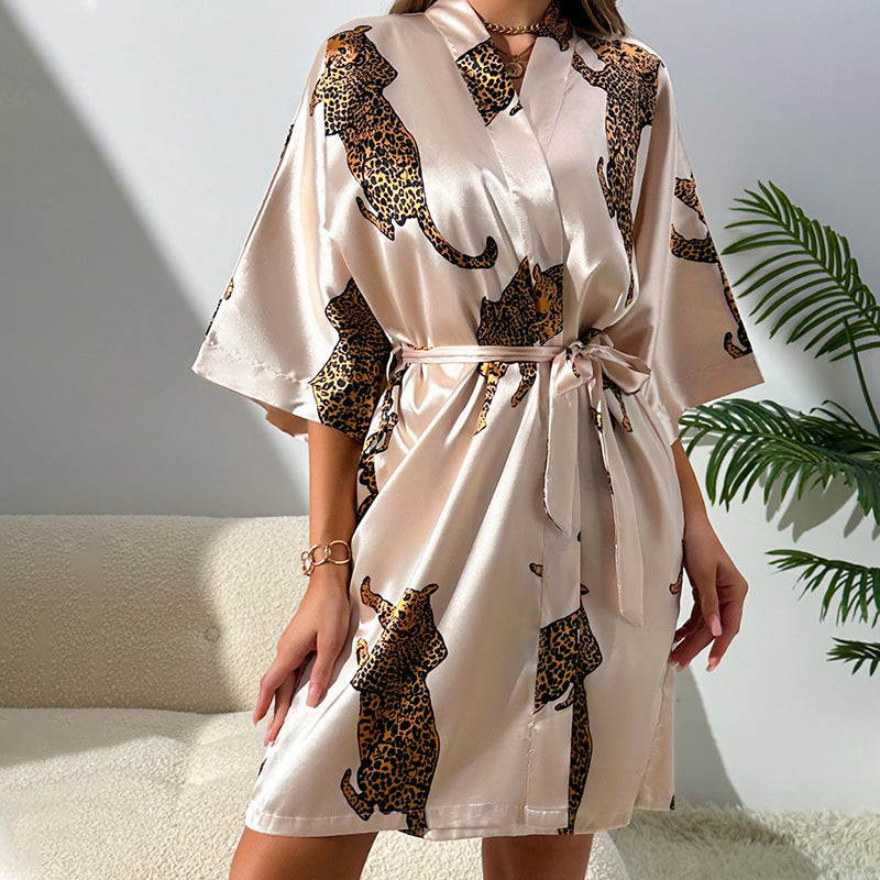 Leopard Print Satin Nightgown for Women - 100% Polyester Sexy V-Neck Sleepshirt with Belt, Casual Comfort All-Season Loungewear Sleep Robe