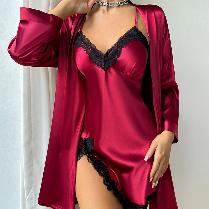 Women's Sexy Solid Silly Lace Trim Sleepwear Set, Long Sleeve Robe With Robe & V Neck Side Split Slip Dress, Comfortable Relaxed Fit