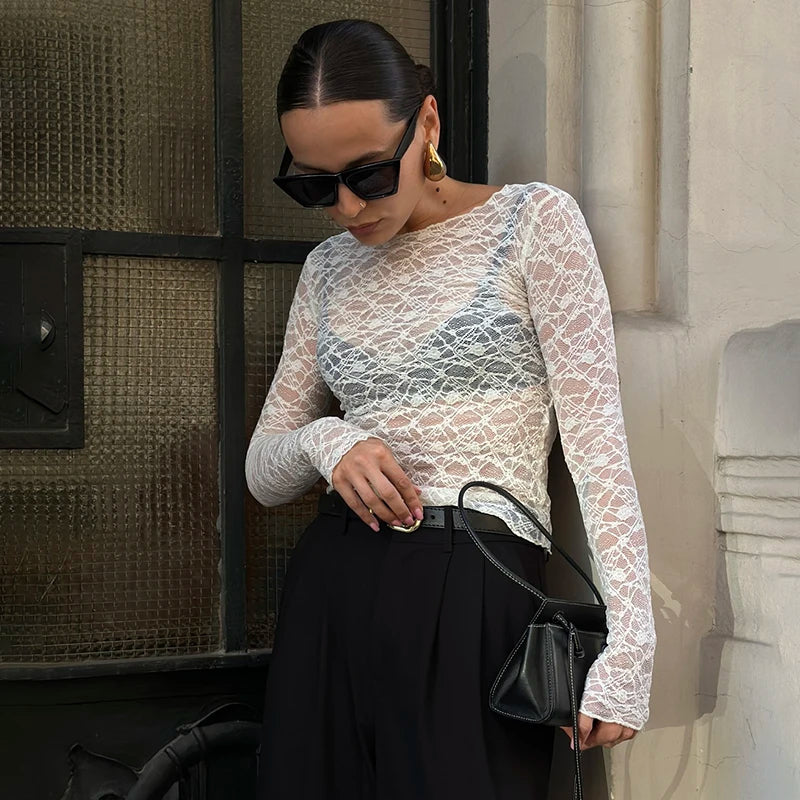 090Elegant Women's Lace Hollow Long Sleeve Top