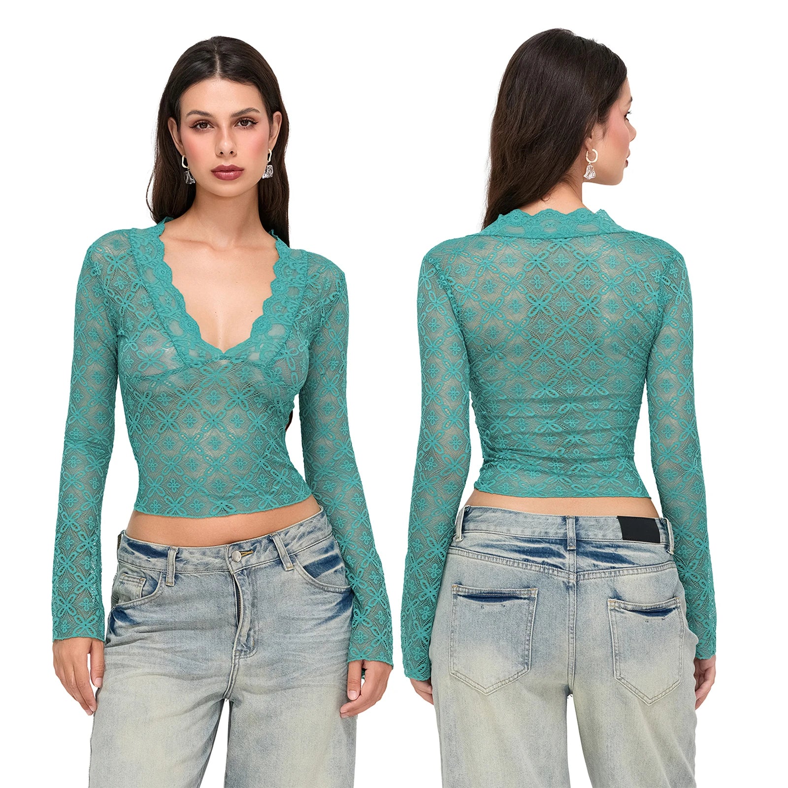 019Women's Sexy Deep V Neck See-through Slim T-shirt