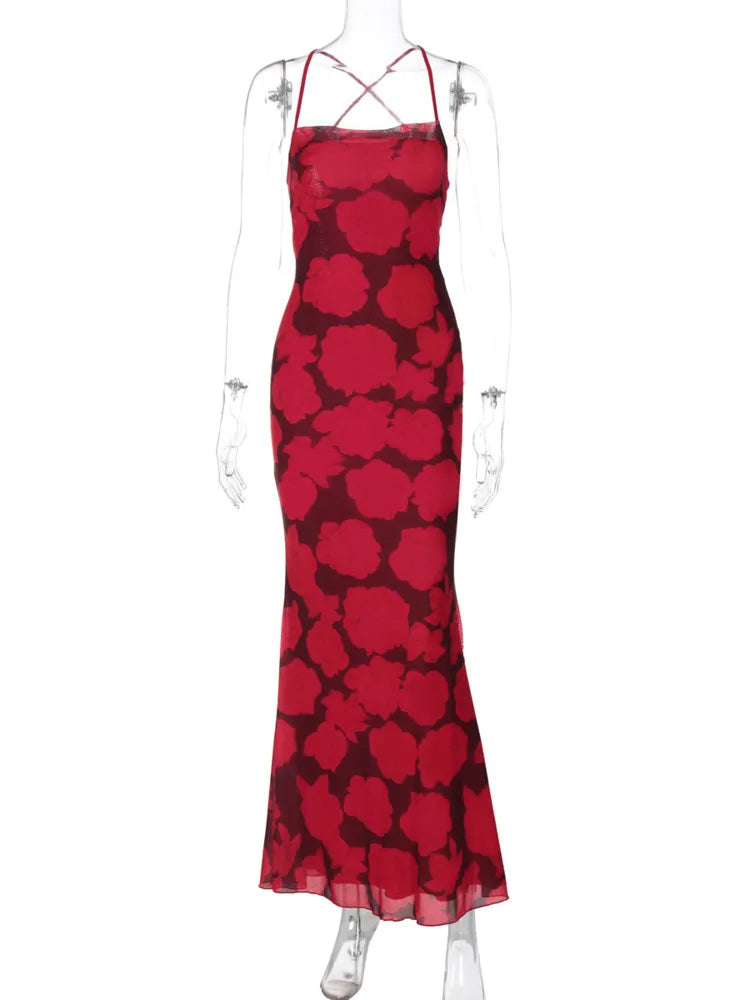 045Spaghetti Strap Print Sexy Long Dress For Women