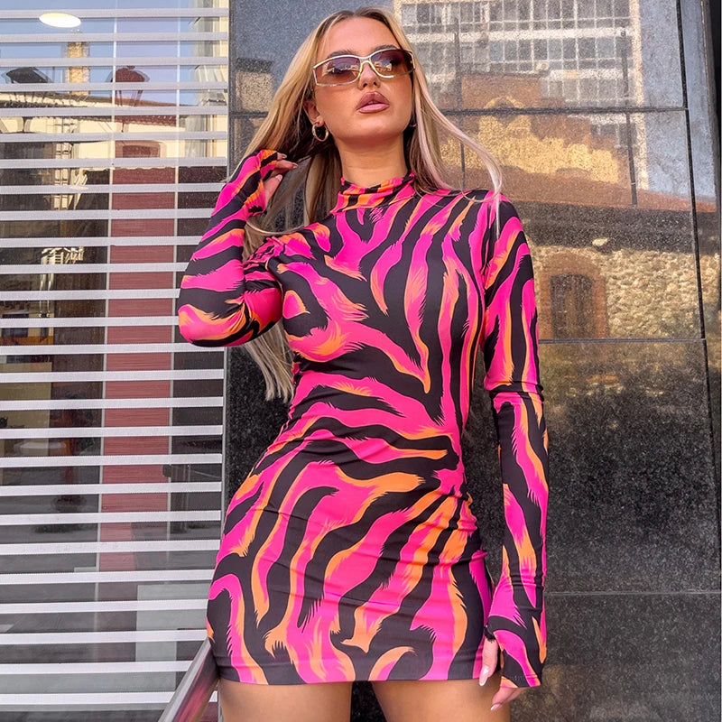 Zebra Print Slim Fit Long Sleeve Mini Dress