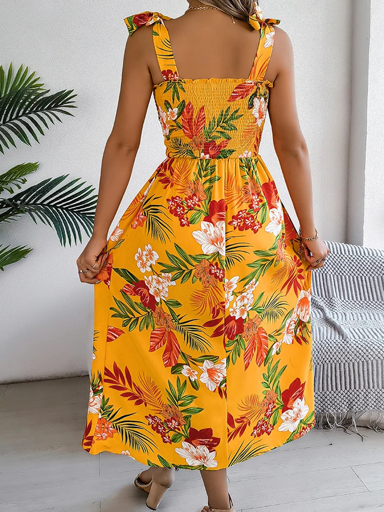 055Women's Summer Floral Strap Backless Sexy Long Dress