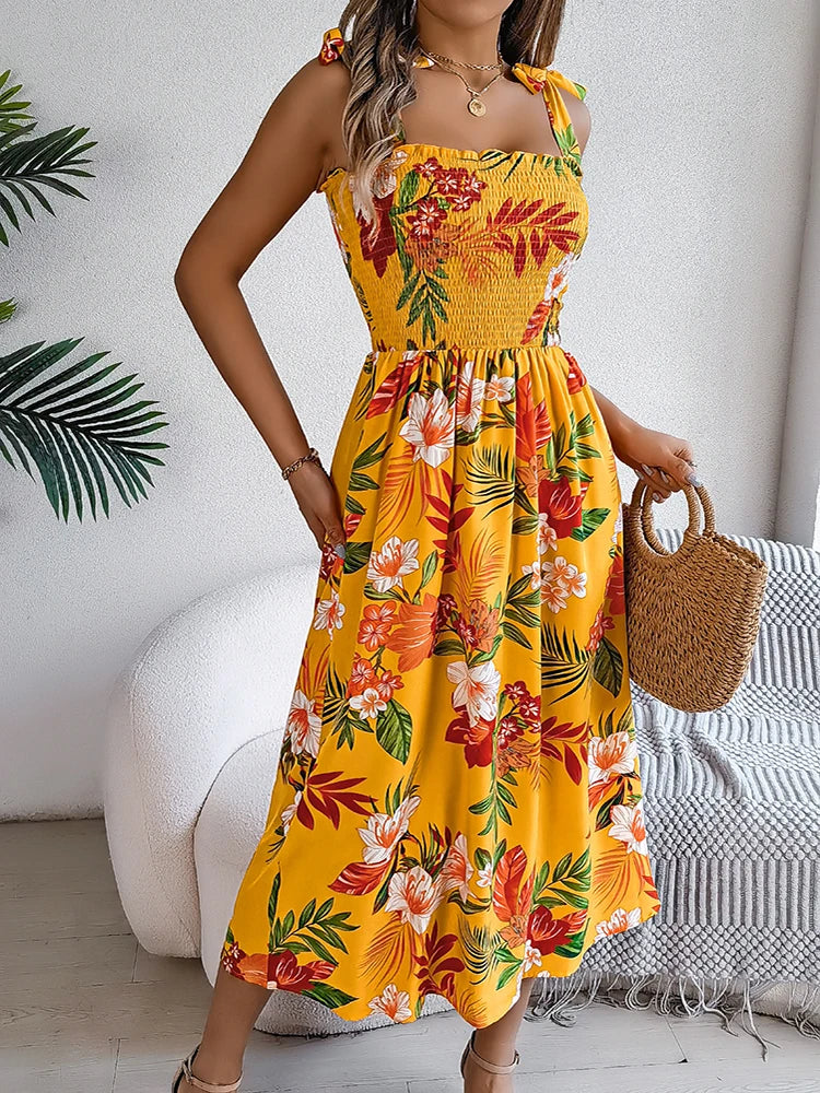 055Women's Summer Floral Strap Backless Sexy Long Dress