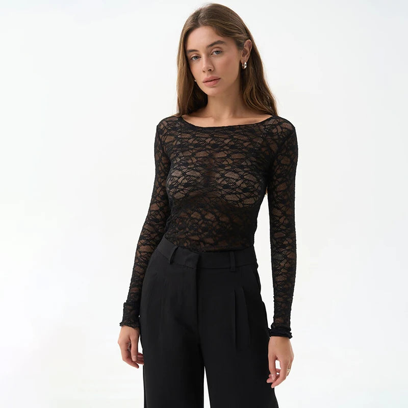 090Elegant Women's Lace Hollow Long Sleeve Top