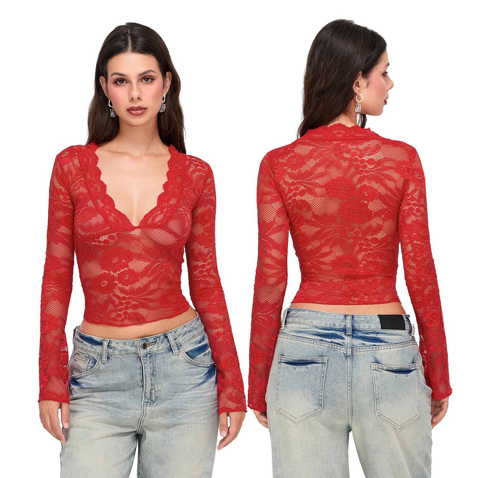 019Women's Sexy Deep V Neck See-through Slim T-shirt