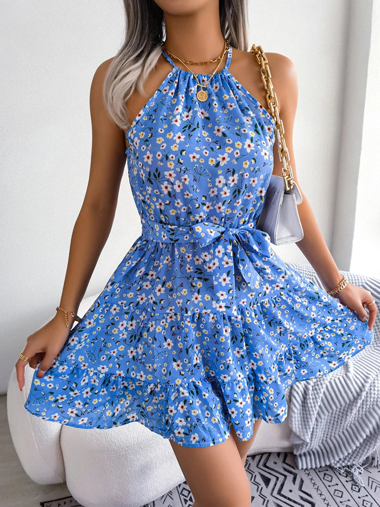 058Women Summer Halter Floral Beach Sexy Short Dress