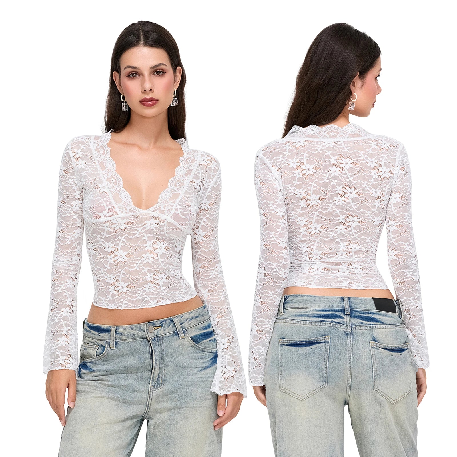 019Women's Sexy Deep V Neck See-through Slim T-shirt