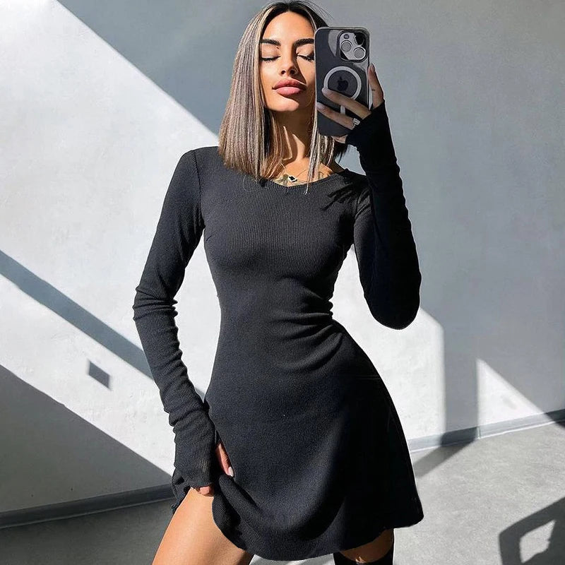108Long Sleeve Slim Solid Color Mini Dress