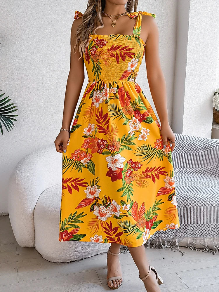 055Women's Summer Floral Strap Backless Sexy Long Dress