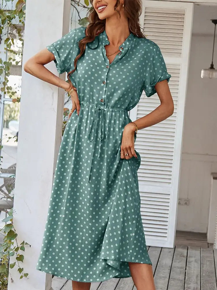 111Ladies Polka Dot Print Long Dress