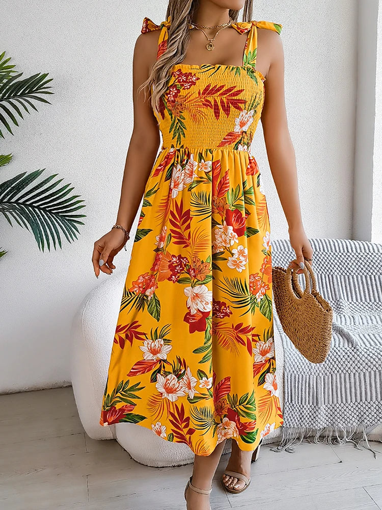 055Women's Summer Floral Strap Backless Sexy Long Dress