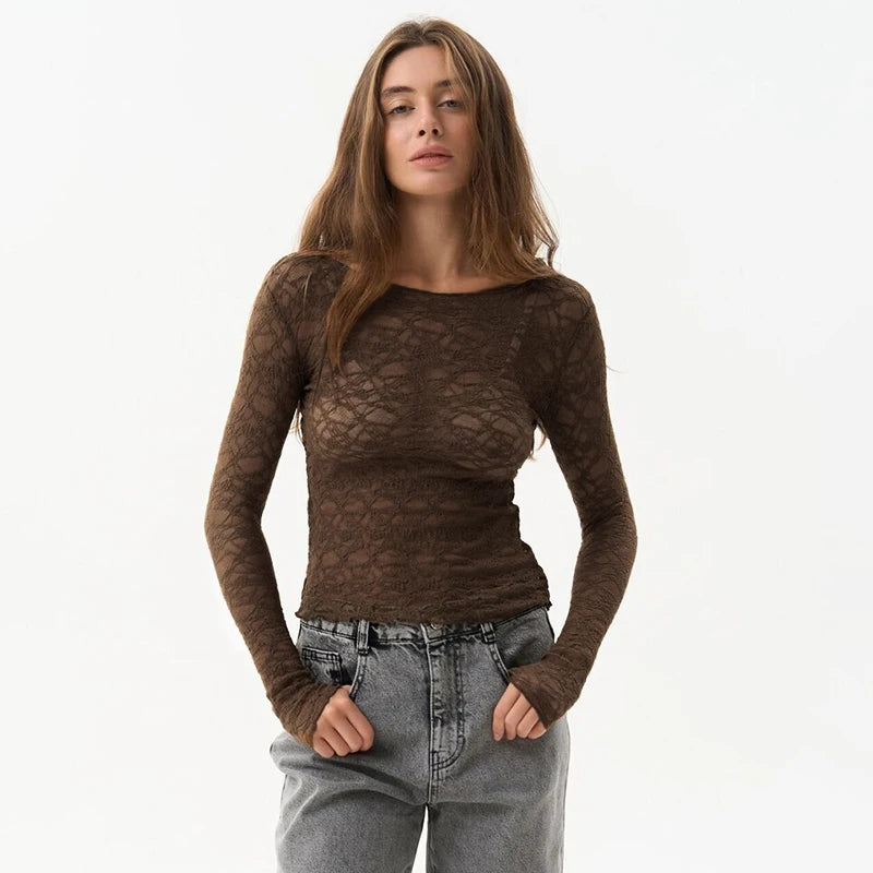 090Elegant Women's Lace Hollow Long Sleeve Top