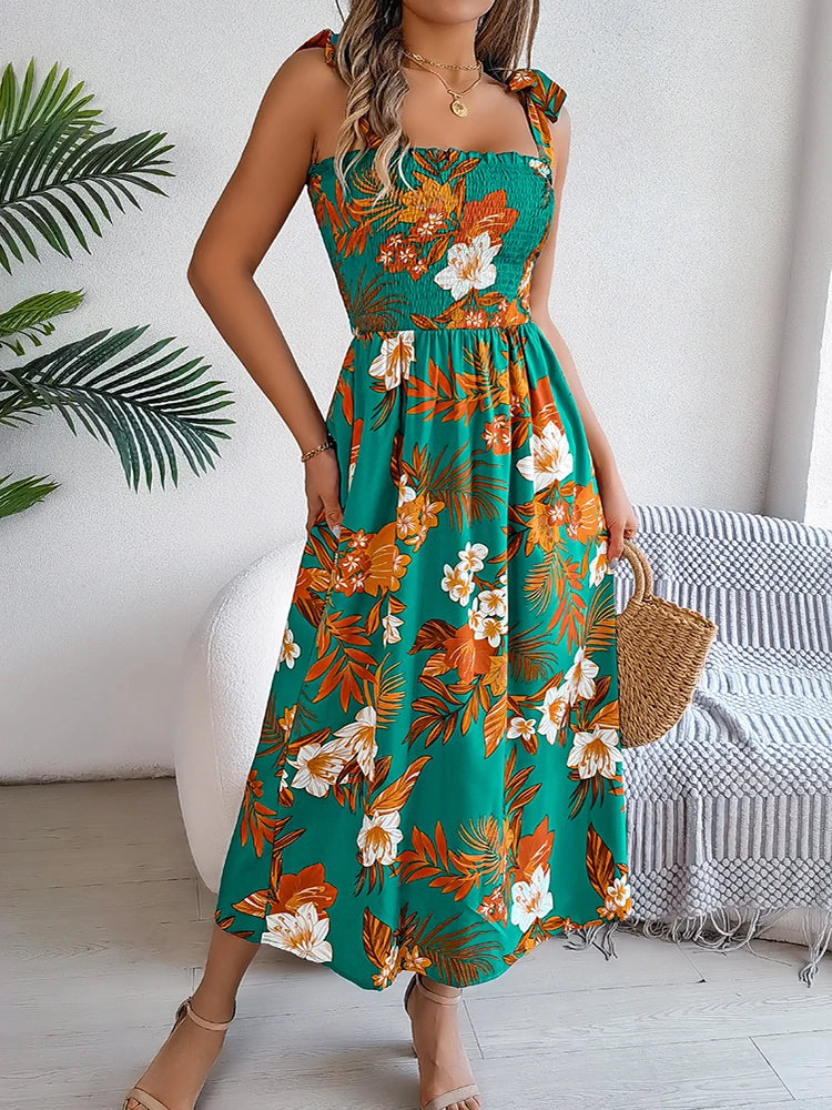 055Women's Summer Floral Strap Backless Sexy Long Dress