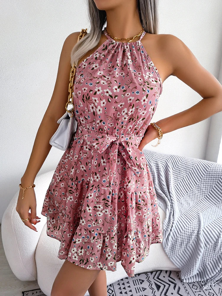 058Women Summer Halter Floral Beach Sexy Short Dress
