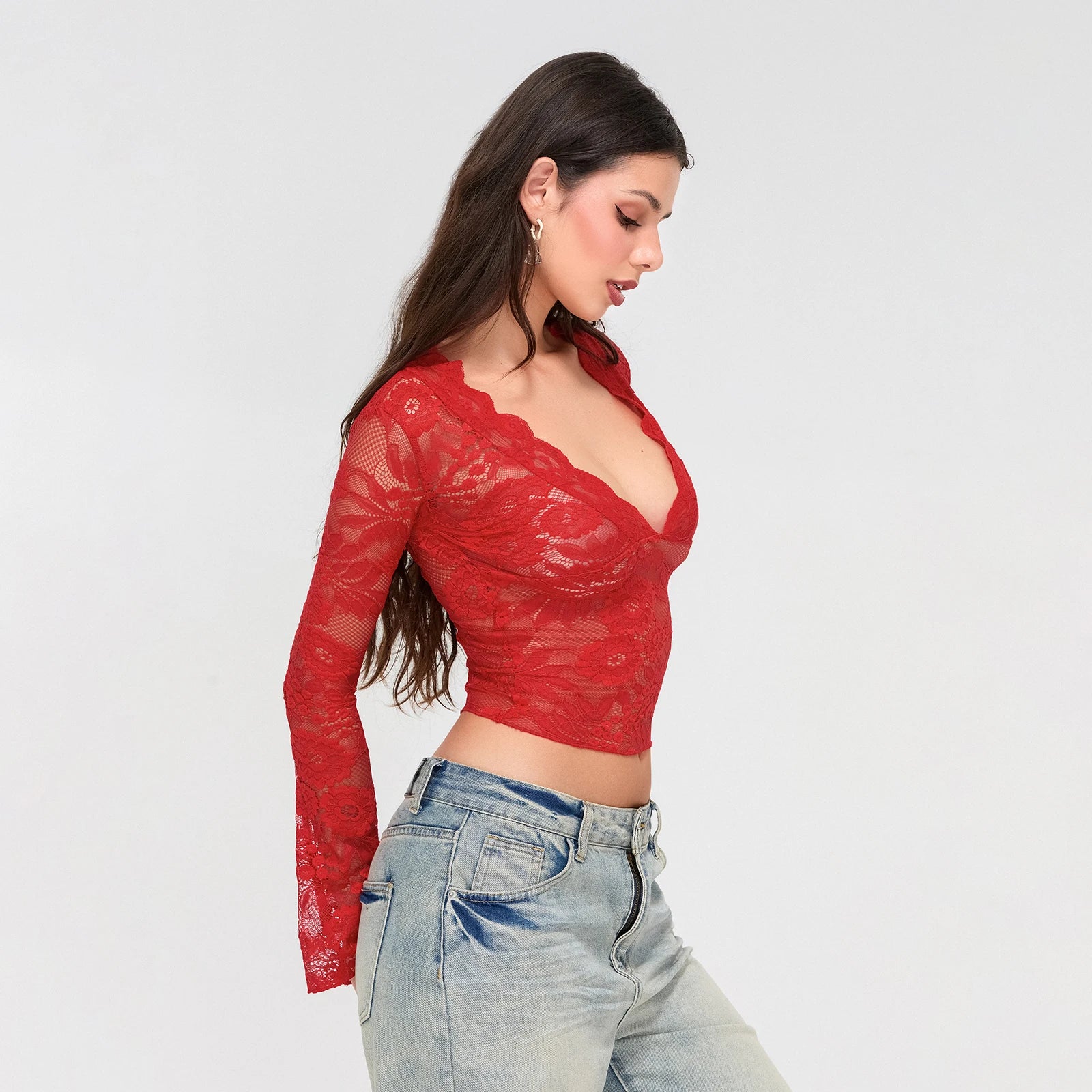 019Women's Sexy Deep V Neck See-through Slim T-shirt