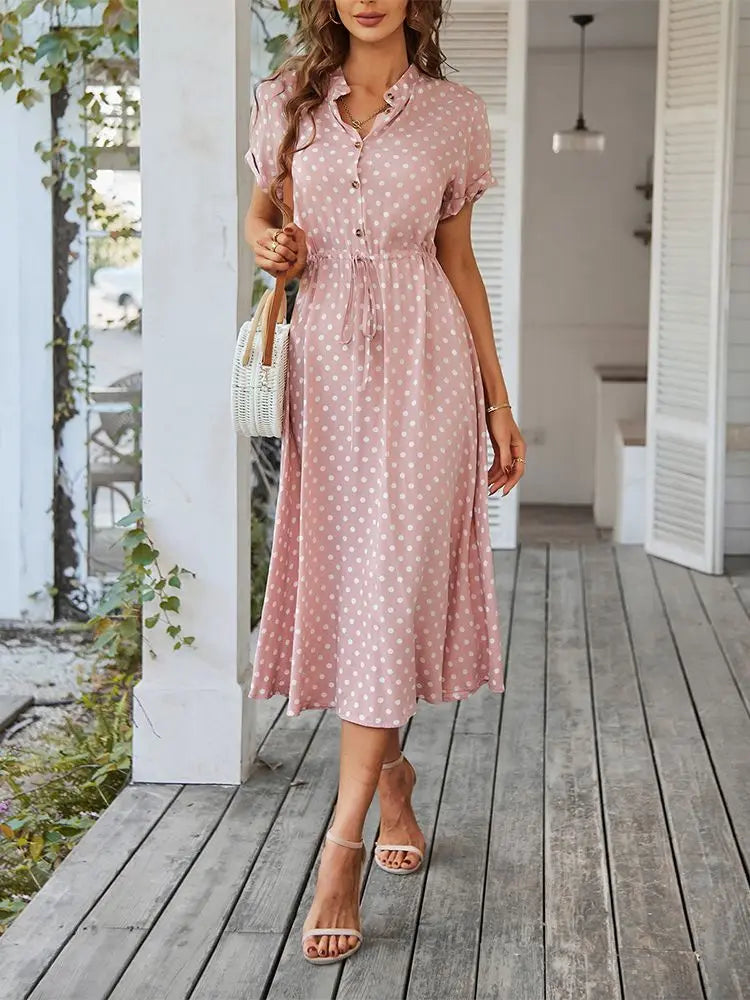 111Ladies Polka Dot Print Long Dress