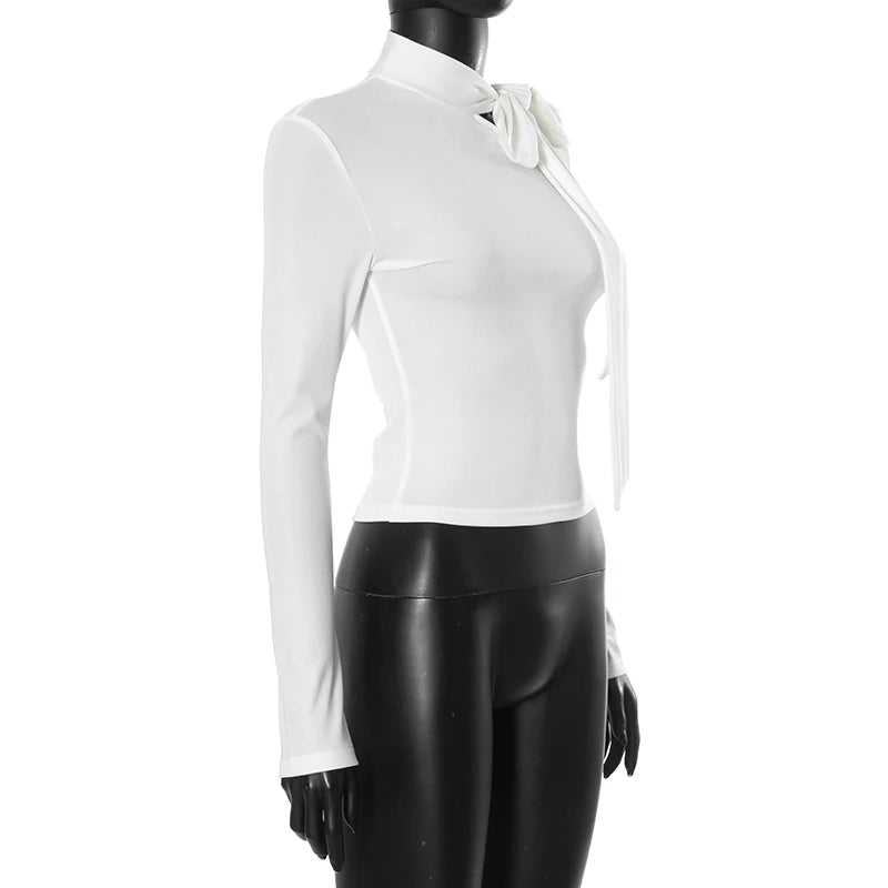 064Fashion Simple Round Neck Bow Tie Hollow Out Slim Long Sleeve Top
