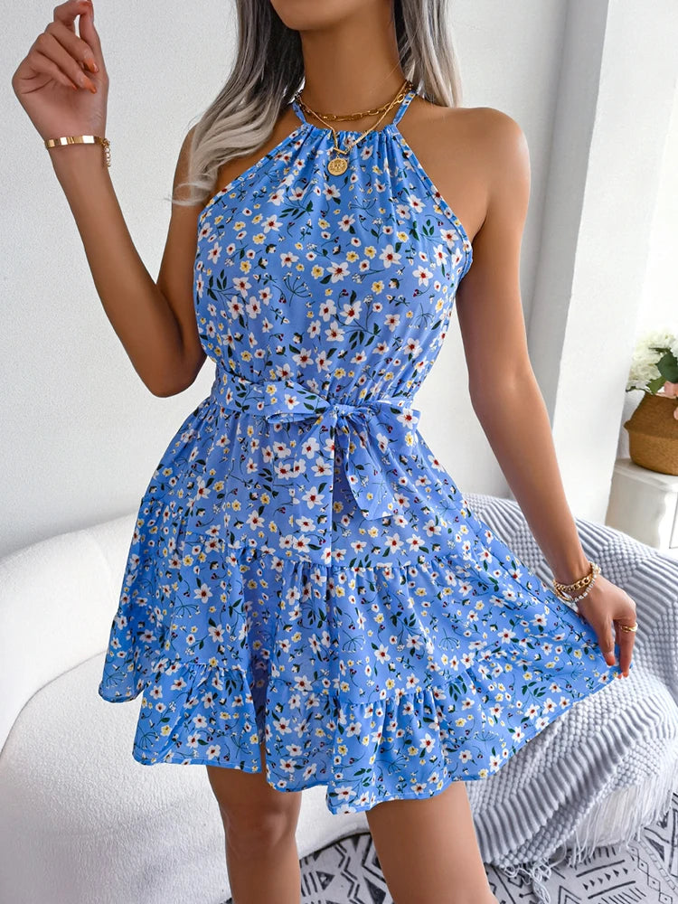 058Women Summer Halter Floral Beach Sexy Short Dress