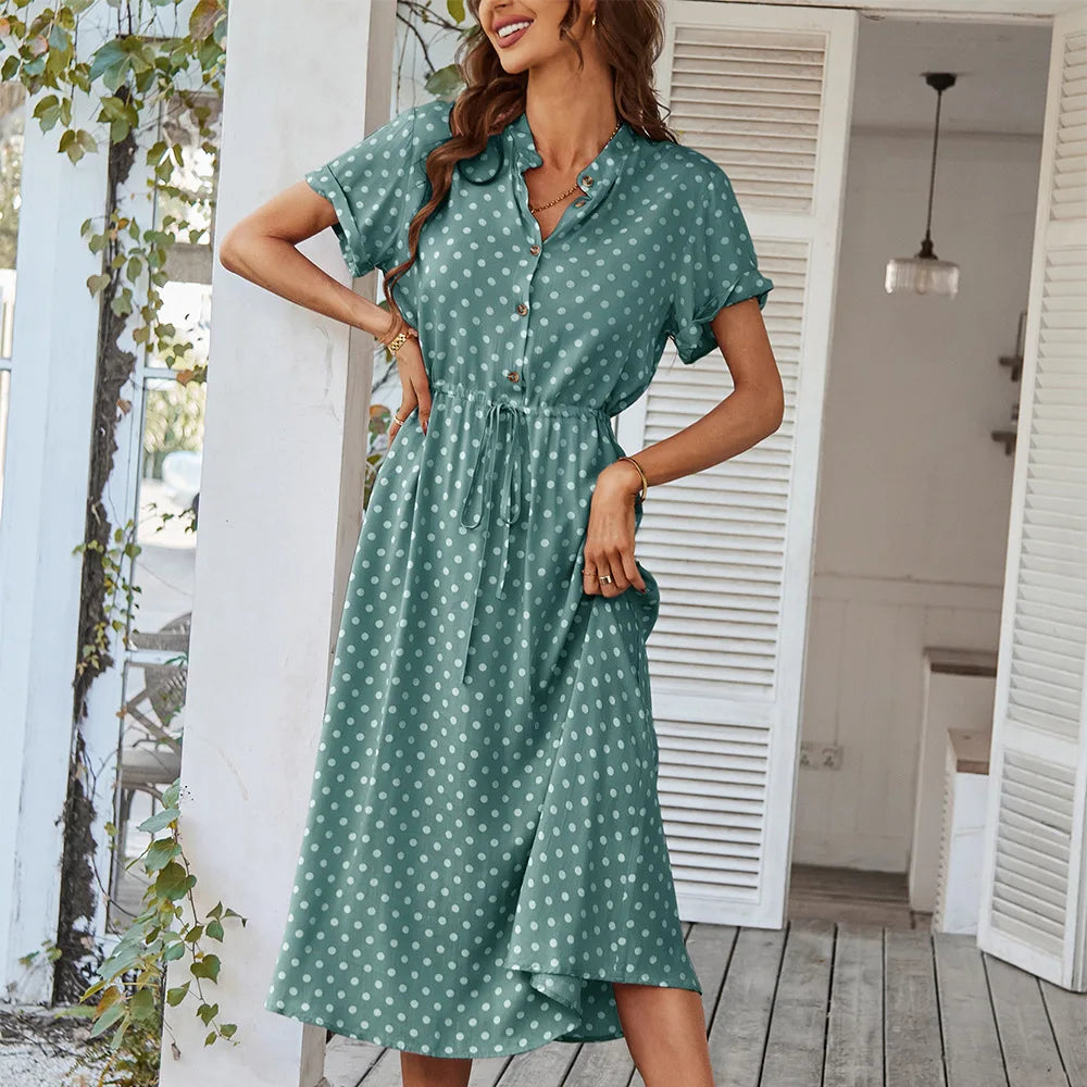 111Ladies Polka Dot Print Long Dress