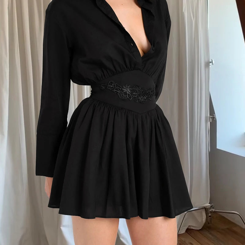 067New Solid Color Lapel Long Sleeve Embroidery Short Dress