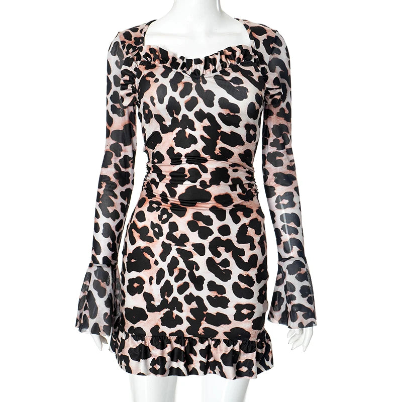 093Leopard Printed Flare Long-Sleeved Waisted Sexy Package Hip Short Dresses