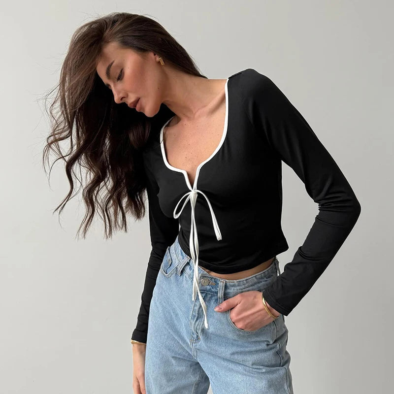 088Patchwork Lace-Up V-Neck Square Neck Long Sleeve Top