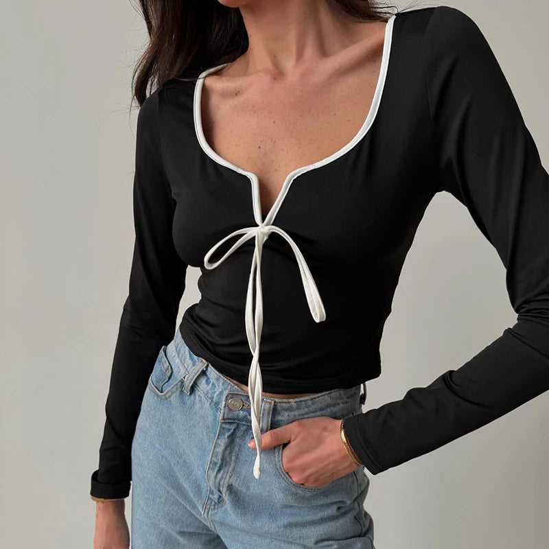 088Patchwork Lace-Up V-Neck Square Neck Long Sleeve Top