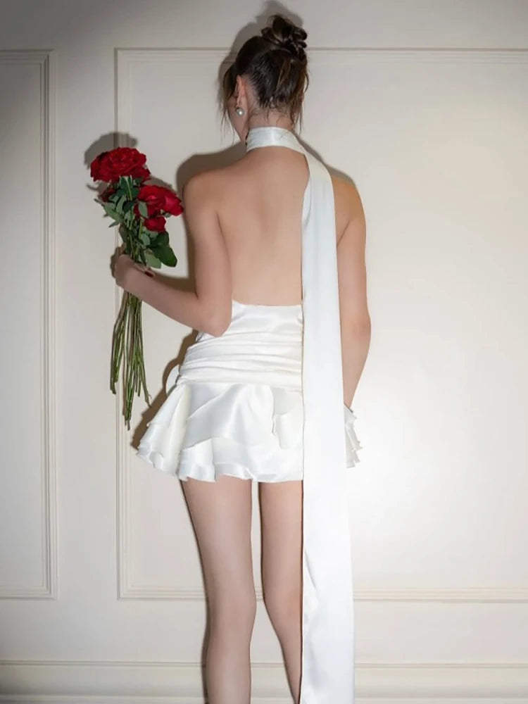 109Satin Sexy Backless 3D Flowers Women Dress