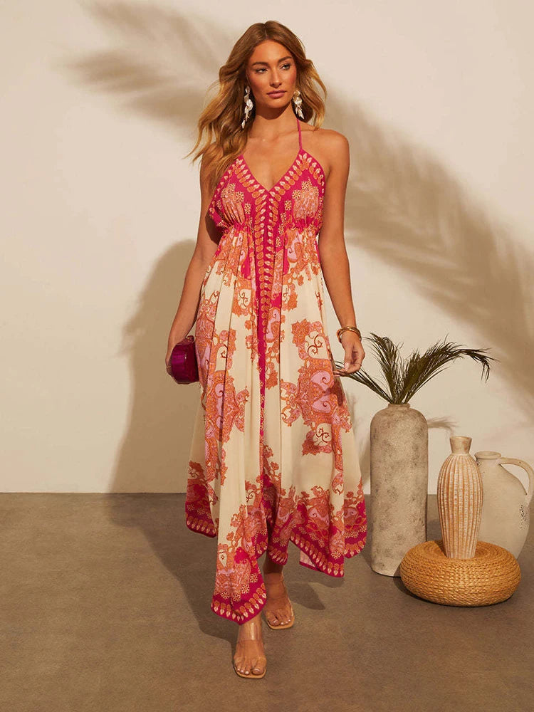 050Women's Summer V-neck Halter Bohemian Floral Long Dress