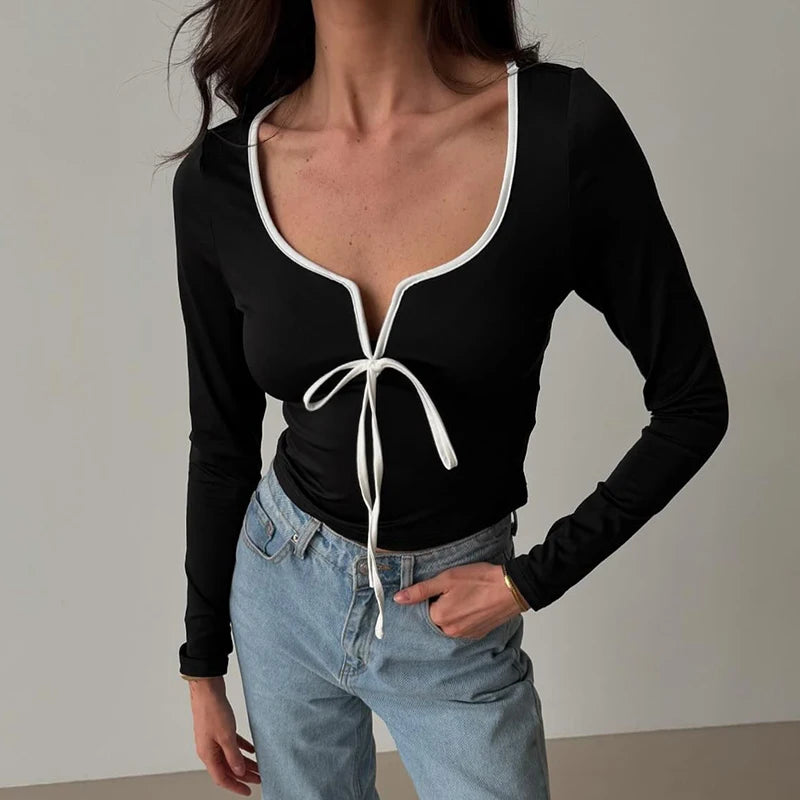 088Patchwork Lace-Up V-Neck Square Neck Long Sleeve Top